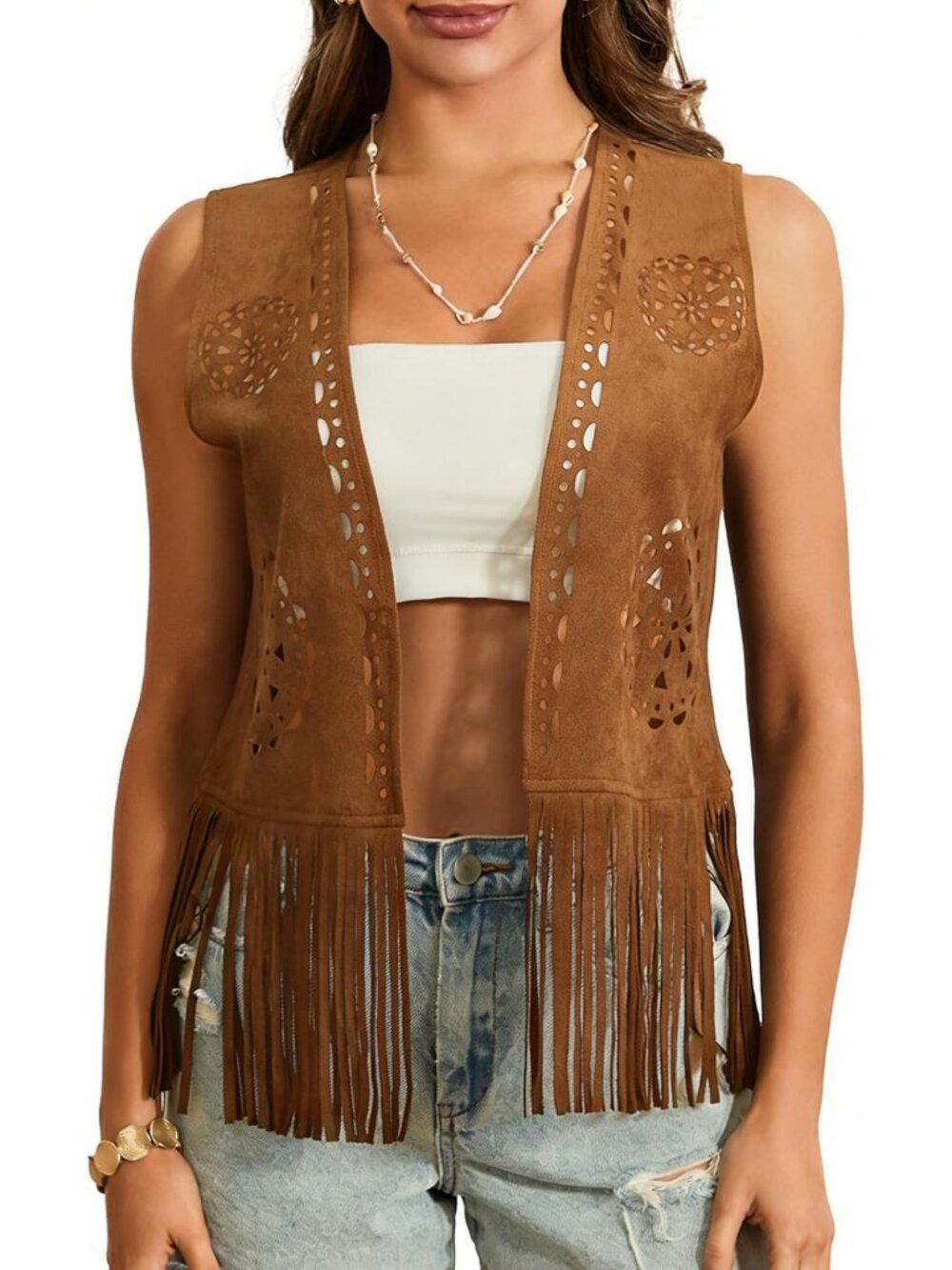 Chic Women's Suede Tassel Vest | 70s Boho Open Front Western Jacket Outfit